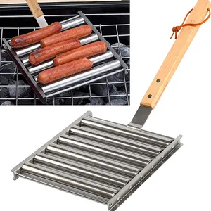 Bbq Grill Tray Basket Hot Dog Roller Kitchen Non-stick Stainless Steel Sausage Grilling Rack Roller Grill with Long Wood Handle