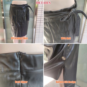 <span class=keywords><strong>Jupe</strong></span> midi en similicuir moulante unie pour femme, fendue avec boutons, élégante pour le bureau - Product Image 4