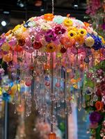 Lustre géant en forme de parapluie de luxe, installation florale artificielle au plafond pour la décoration de lieux de mariage, hall d'hôtel et événements