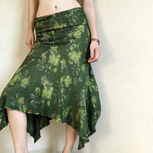 Falda de Mujer con Estampado Floral Estilo Vintage, Verde, Verano, Oferta, Dobladillo Irregular, Fruncido, Transpirable, Ecológica, Asimétrica - Product Image 2