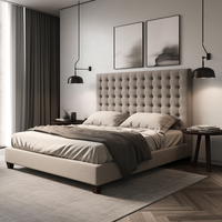 Lit superposé capitonné King Size Queen, gris, design italien, tissu, chambre à coucher avec tête de lit en tissu, velours, carton, chêne personnalisé