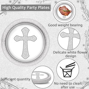 Juego de Vajilla para 24 Invitados con Servilletas y Platos de Postre con Cruz para Bautizo y <span class=keywords><strong>Primera</strong></span> Comunión, Color Gris, Artículos Religiosos para Fiestas - Product Image 3