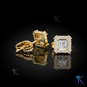 Lab Grown Diamond Princess Cut Halo <b>Stud</b> Earrings 14K 18K Solid Gold Square Fine Women Jewelry Bridal Anniversary Gift - Product Image 1