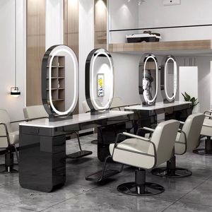 Hair Salon Double-sided <b>Mirror</b> with Lamp & Cabinet Stainless Steel Hot Dyeing <b>Mirror</b> <b>Table</b> Internet Famous Salon Furniture - Product Image 1
