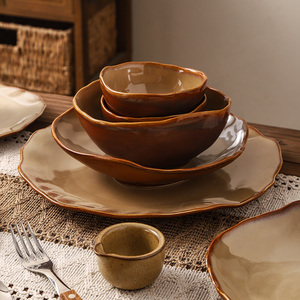 Ensembles de <span class=keywords><strong>vaisselle</strong></span> en céramique de couleur rétro jaunissement du four <span class=keywords><strong>vaisselle</strong></span> marron vintage de luxe pour restaurant à la maison - Product Image 5