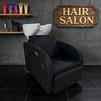 Fauteuil de salon noir exclusif pour stylistes modernes, fauteuil de salon de coiffure, mobilier de beauté en cuir, lavabo en céramique, fauteuil de shampooing