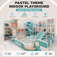 Aire de jeux intérieure avec fosse à balles turquoise pastel, tour à plusieurs niveaux et toboggans ouverts pour les exploitants de centres de divertissement familial (FEC)