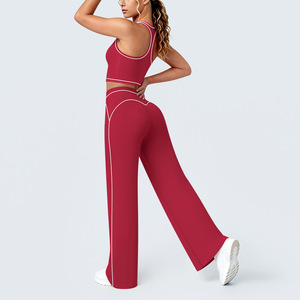 Durable <strong>Plus</strong> <strong>Size</strong> Nylon Yoga Sport Set High Waisted Wide Leg Trousers Crop Sports Bra Butt Shaping Seamless Recyclable Ruched - Product Image 4