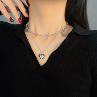 Kalung bertekstur bentuk hati tidak beraturan, perhiasan rantai tulang selangka dua lapis, Kalung Perhiasan Stainless Steel Hip-hop