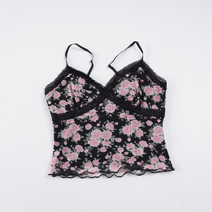 Top Camisero con Estampado Floral Estilo Real Francés, con Encaje Cruzado y Parches, Elegante y Sexy, Cuello en V, Sin Mangas - Product Image 6