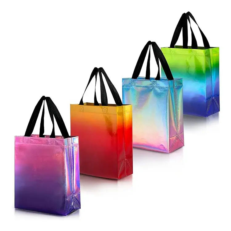 Customized Rainbow gradient holographic coated bright Laser non-woven shopping promotional party gift bag