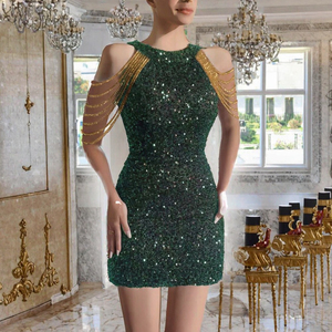 Vestido de Noche Sexy de Lentejuelas con Borlas de Cristal, Diseño de Cintura Imperio, Antiestático, Largo hasta la Rodilla, Estilo Moderno - Product Image 3