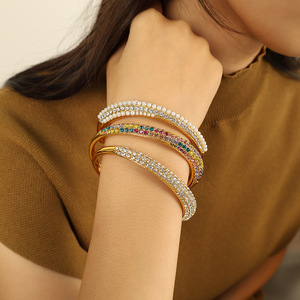 Bracelet tendance en alliage de zinc avec strass en cristal, forme en C, ouverture réglable, bijoux de soirée pour femme - Product Image 4