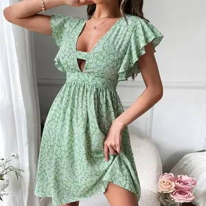 Vestido de verano de alta calidad con cuello de pico, bohemio