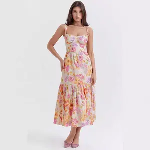 Gaun Midi motif bunga A-Line 2024 gaun Midi tali Spaghetti tanpa lengan kasual musim panas wanita untuk wanita pakaian liburan elegan
