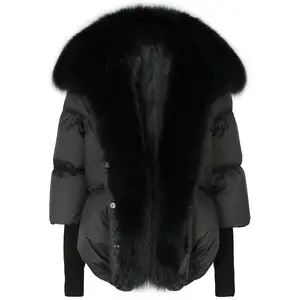 Oversized Winter Warm Detachable Removable Fur Collar Black Down Coat Women Puffer Outerwear Jackets Ladies