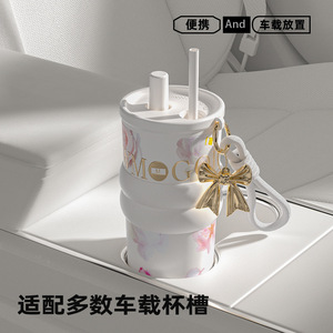 Floral Design <b>Thermos</b> Cup With Straw Ceramic Inner Liner Large Capacity Gift For Birthday Or Mid Autumn Festival - Product Image 4