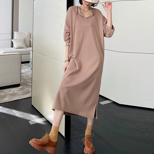 Coreano Pianura Maniche Lunghe Casuale Cotone Bianco Lungo del Vestito Delle Signore Allentato Con Cappuccio di Grandi Dimensioni T Abiti Camicia Abbigliamento Donna - Product Image 3