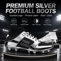 Chaussures de football montantes personnalisées argent métallisé, crampons de football à marque privée OEM ODM, logo personnalisé, crampons de football à cheville haute