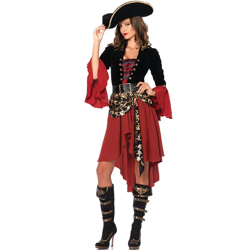 أزياء تنكرية للكبار من القراصنة الأحمر أزياء كرنفال للهالوين للنساء ألعاب الحفلات فستان فاخر ملابس البالغين