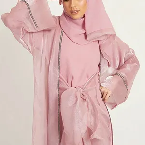 热卖压花3层雪纺开口Abaya XL穆斯林女性Abaya 3 pcs纯色连衣裙M长衬衫连衣裙