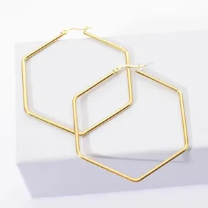 Geometric huggie ear jewelry big hoop style 18k gold plated stainless steel hexagon hoop stud earrings for women jewelry sale