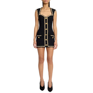 Mini <span class=keywords><strong>abito</strong></span> da donna con rivestimento <span class=keywords><strong>in</strong></span> <span class=keywords><strong>Tweed</strong></span> elegante a vita alta personalizzato con collo quadrato di alta qualità - Product Image 1