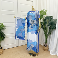 Robe Abaya élégante + Foulard Imprimé Floral Bohème Léger en Satin Cache-maillot de Plage Robe de Vacances Femme Bleue