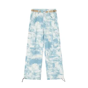 High Street tie-dye pantalones moda múltiples bolsillos pantalones vaqueros de pierna ancha de estilo colorido para hombres - Product Image 1