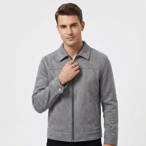 Gray <b>Suede</b> Trucker <b>Jacket</b> Full Sleeve Turn-down Collar Zipper Closure Autumn Regular Fit Solid Color Men Women's <b>Jacket</b> - Product Image 1