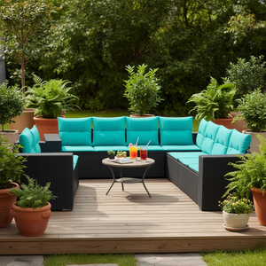 Set Divano da Esterno in Polyrattan Nero con Cuscini, 8 Posti, Stile Contemporaneo, Design Moderno - Product Image 2