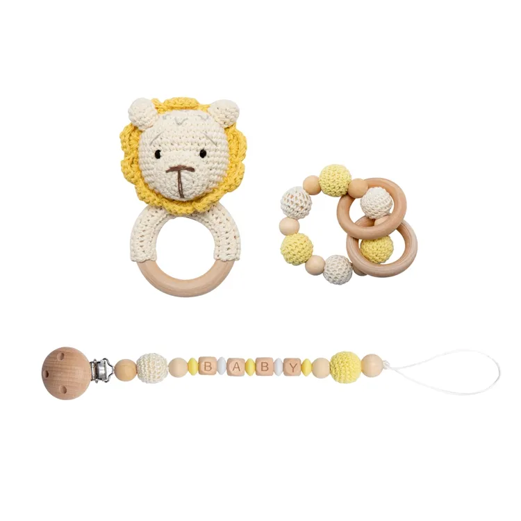 Großhandel Weiche Rassel Fox Lion Panda Holz Häkeln Baby Mund Clip Halter Kette Armband Beißring Spielzeug Set