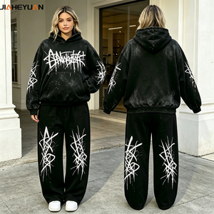 Women's High Quality 400GSM Streetwear Cropped Pullover <strong>Sweatshirt</strong> &amp; Wide Leg Pants Set Custom Fleece Loungewear - Product Image 2