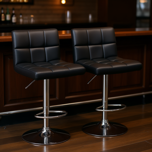 Taburetes de bar modernos de piel sintética ajustables con base de cromo negro, juego de 2 para uso en bares - Product Image 2