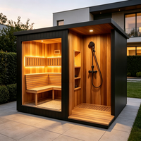 Kabin Sauna Inframerah Jauh Modern Mewah untuk Luar Ruangan dengan Kamar Mandi dan Dek Kayu Cedar Merah untuk 4 Orang, Perlengkapan Lengkap untuk Kesehatan di Taman