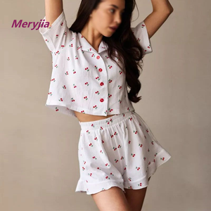 Pigiama in puro cotone stampato, morbido, a maniche corte e pantaloncini, per donna, stile europeo e americano, per il commercio transfrontaliero. - Product Image 1