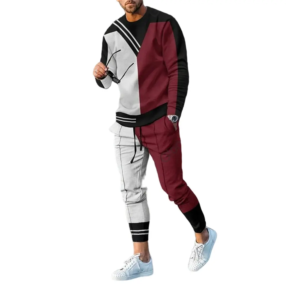 Men's 3D printed long-sleeved casual T-shirt top with casual trousers two-piece set