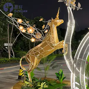 Patung hewan abstrak taman Modern patung pencahayaan besi tahan karat Pegasus ukuran manusia patung unicorn