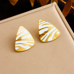Geometric Triangle Stud Earrings Gold White Zebra Pattern Stainless Steel Party Jewelry E6069 - Product Image 1