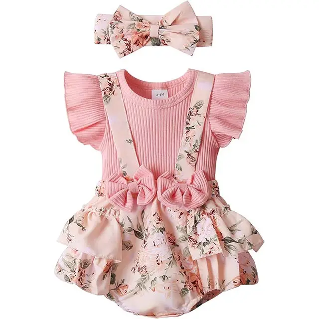 नया 2024 स्प्रिंग समर डेलीवियर आउटडोर शिशु रोम्पर फ्लोरल सस्पेंडर ड्रेस रफ़ल स्लीव ओनेसी आउटफिट बेबी गर्ल्स जंपसूट