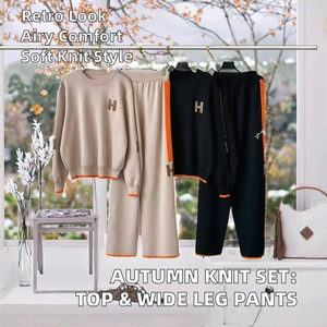 2025 Autumn New Solid Polyester Casual Fashion <b>Set</b> Round Neck Top + Wide Leg Pants Two-Piece <b>Knitted</b> for Women - Product Image 2