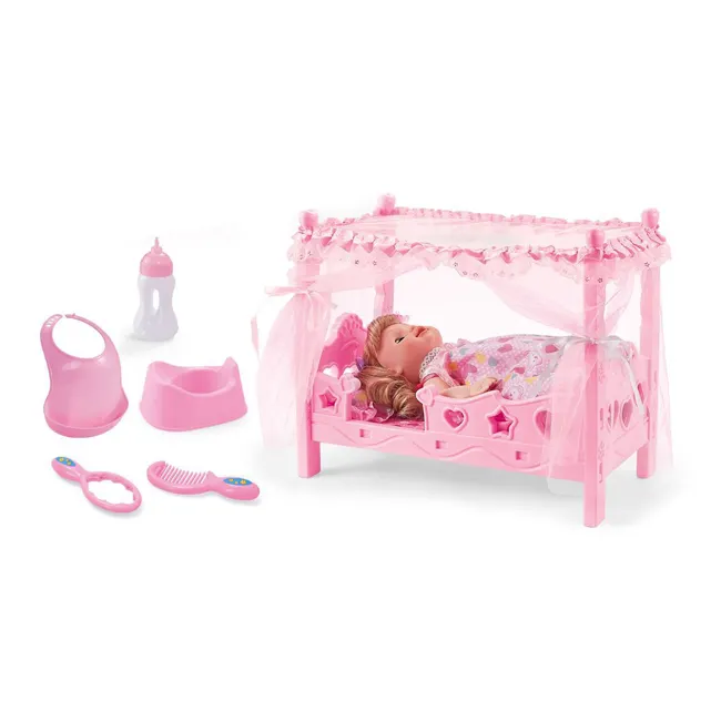 फैशन लड़की उपहार 14 इंच ध्वनि गुड़िया सेट खिलौना गुलाबी राजकुमारी बच्ची गुड़िया बिस्तर HC460449