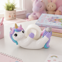 Distributeur de ruban adhésif licorne en polyrésine avec logo personnalisé, coupe-ruban en résine motif animal de dessin animé mignon pour la décoration de bureau des enfants et la papeterie.