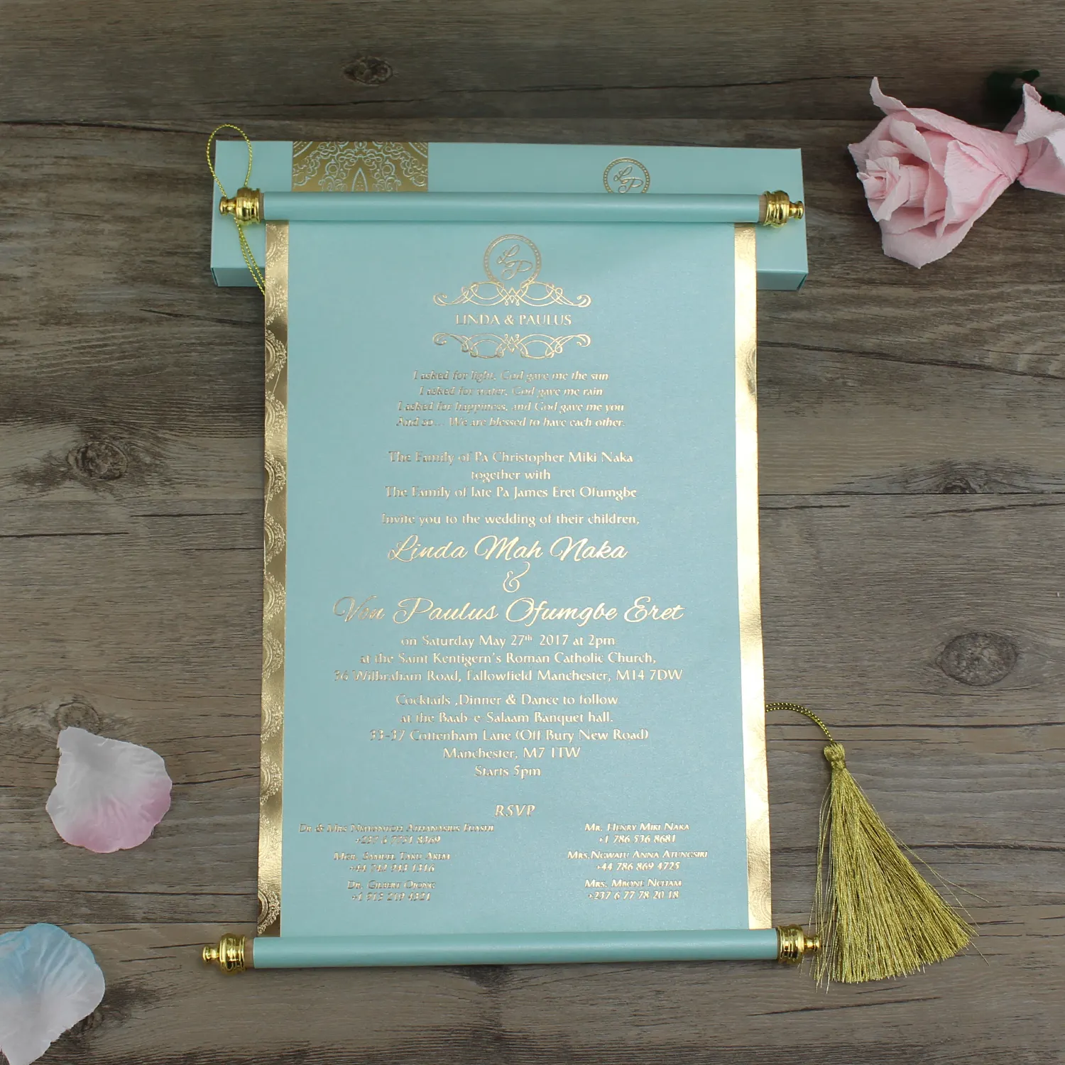 Desplazamiento de boda azul cielo personalizado con caja, desplazamiento real, invitaciones de boda, gran oferta