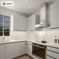 Meuble de cuisine de luxe en PVC en U avec portes en dalles grises, poignées intégrées et caissons en contreplaqué