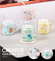Vente chaude 390ml mignon tasse en céramique avec couvercle verre paille dessin animé lait café thé tasse tasse pour bureau à domicile utilisé