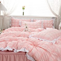Parure de lit quatre pièces Love Soars Princess en fibres synthétiques, couleur unie, teinture réactive, jupe de lit lavée en tissu bouclé, pour lit 150/180