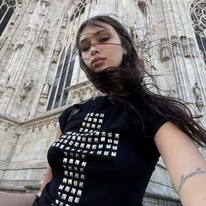 Cross Rhinestone Embellishment T Shirt Summer New Versatile Casual Comfortable Gothic Style <strong>Y2k</strong> <strong>Top</strong> for Women - Product Image 2