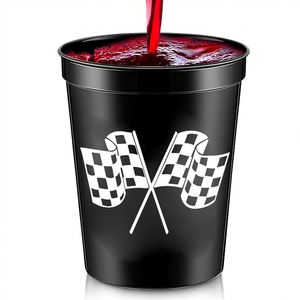 16oz Race Car Theme Party Cups with Straws - Black and White Checkered Flag <b>Plastic</b> <b>Drinkware</b> Set for Kids Birthday - Product Image 4