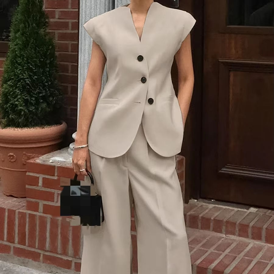 2025 traje informal de moda para mujer caqui cuello en V sin